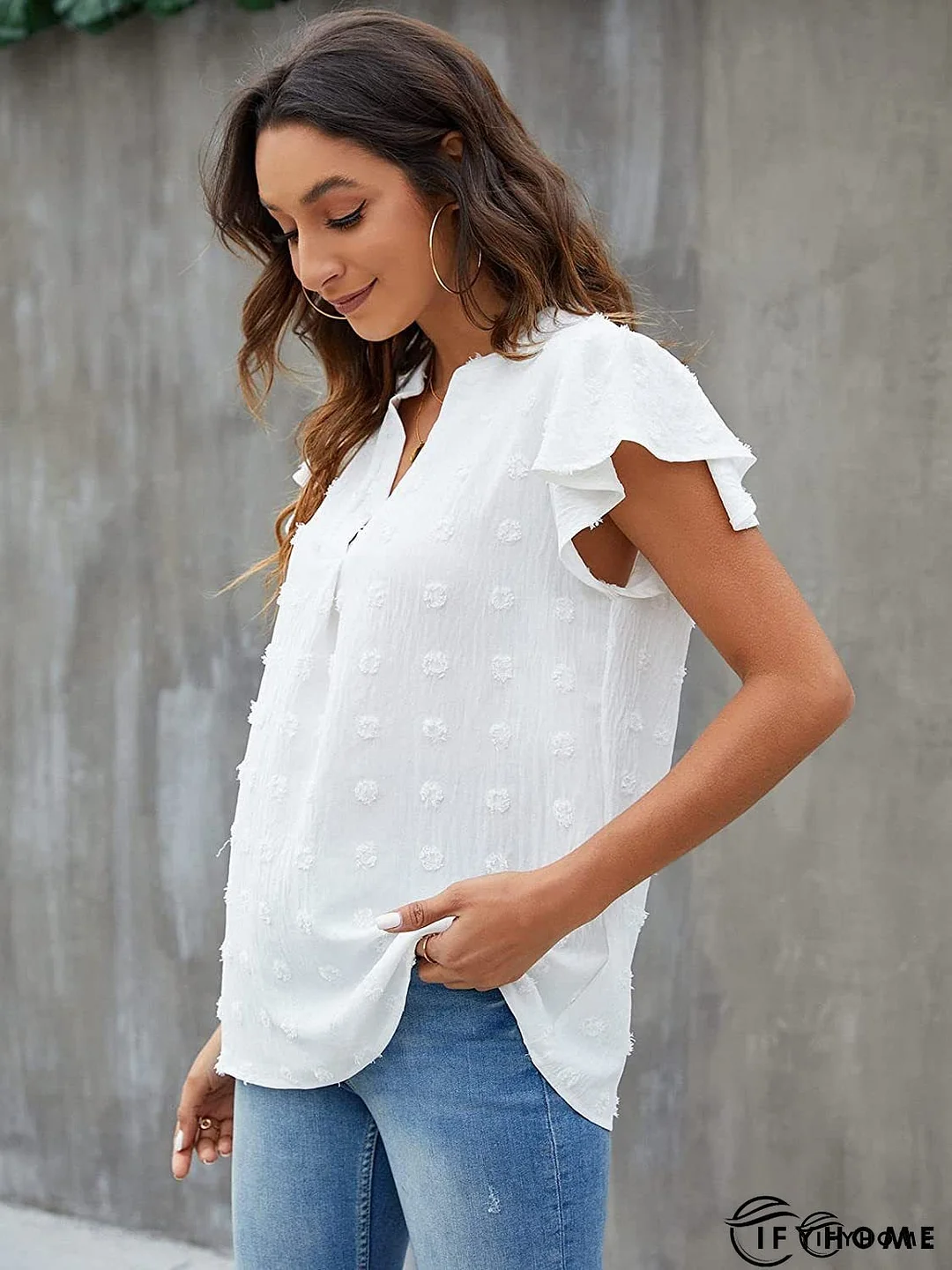 Lace Detail V-Neck Flounce Sleeve Blouse | IFYHOME