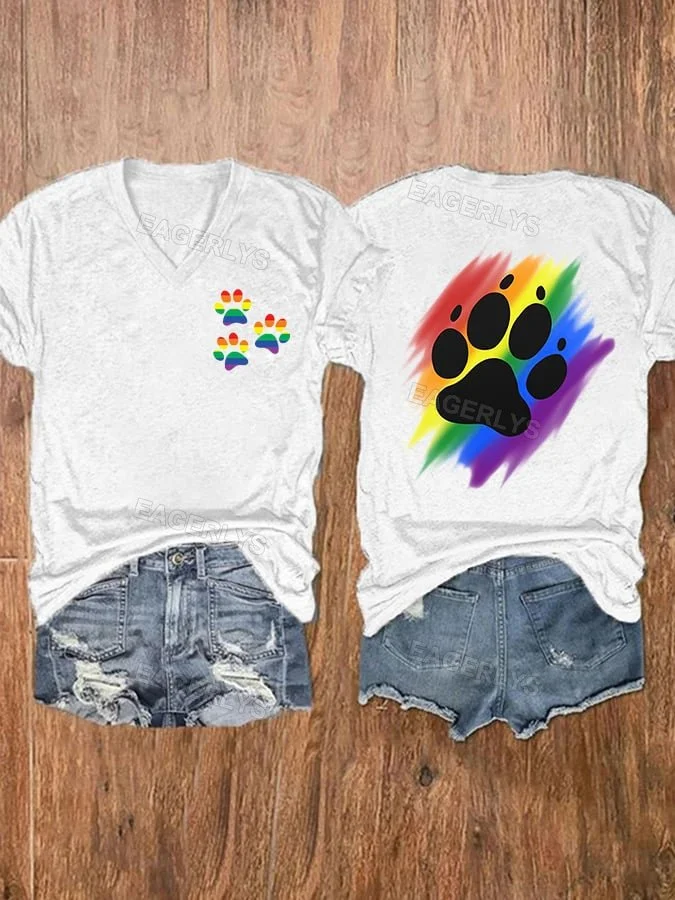Eagerlys V-neck LGBT Dog Paws Rainbow Pride Print T-Shirt Eagerlys