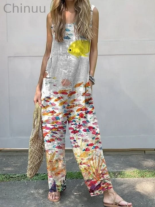 Watercolor Sea Fish Art Printed Women's Casual 100% Cotton Wide Leg Jumpsuit