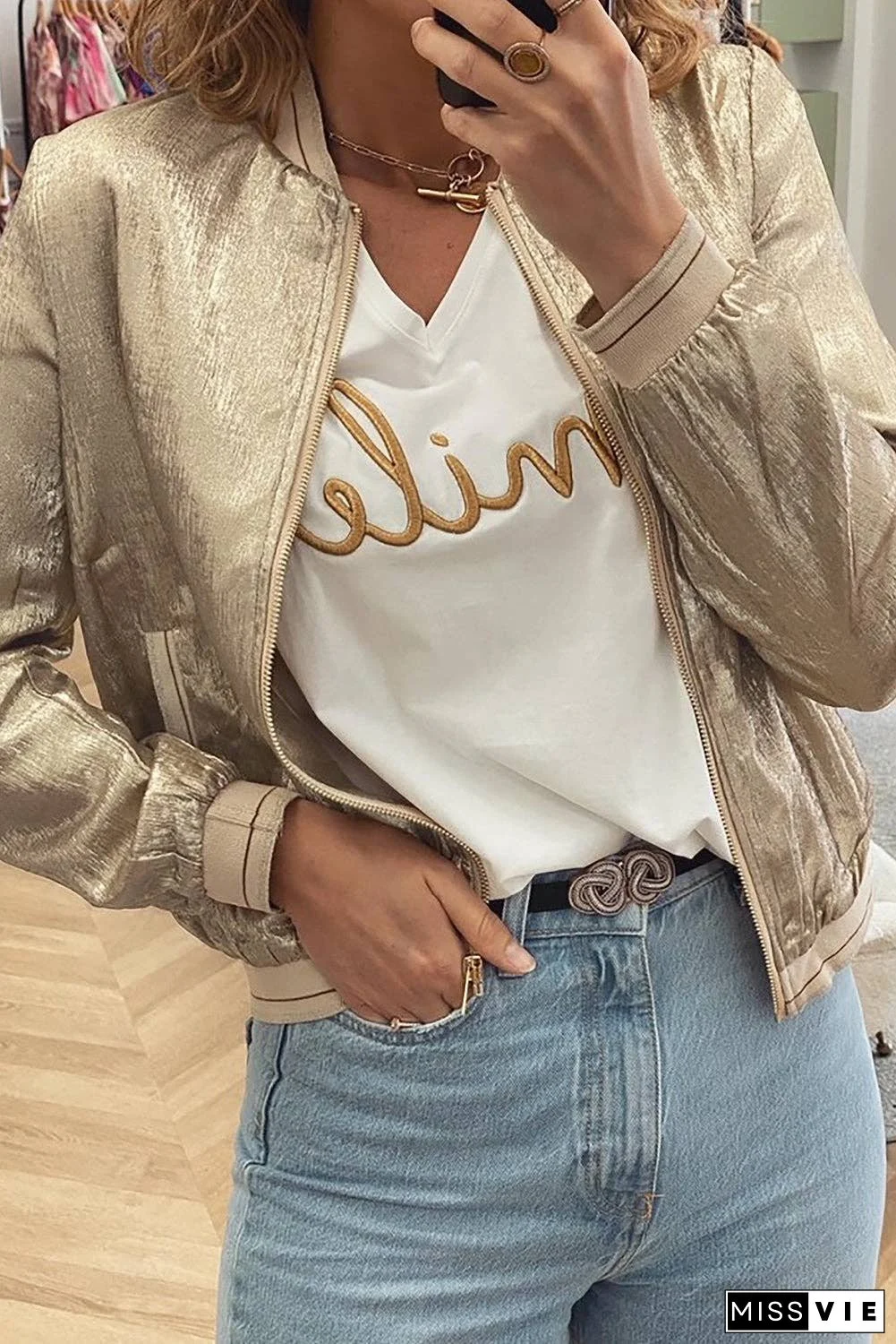 Pale Khaki Metallic Zip Up Baseball Pocket Jacket