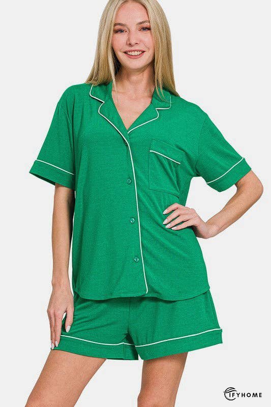 Zenana Button Down Short Sleeve Top and Shorts Lounge Set | IFYHOME