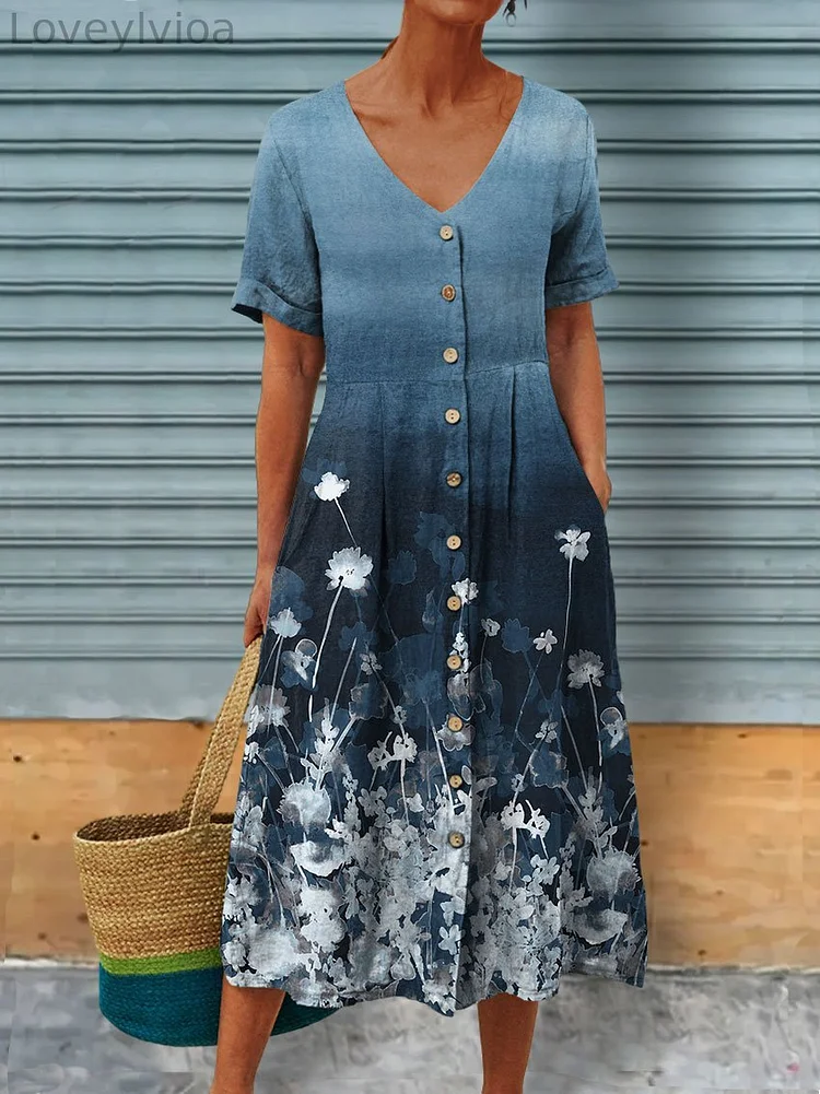 Flower Art Printed Women's Linen Pocket Tunic Dress