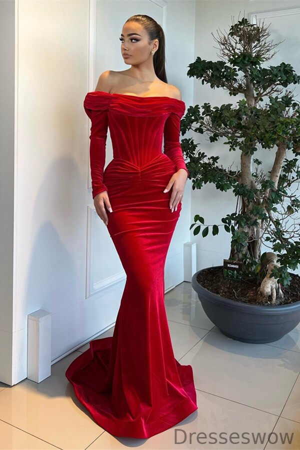 Dresseswow Red Off-the-Shoulder Long Sleeves Mermaid Evening Dress Velvet