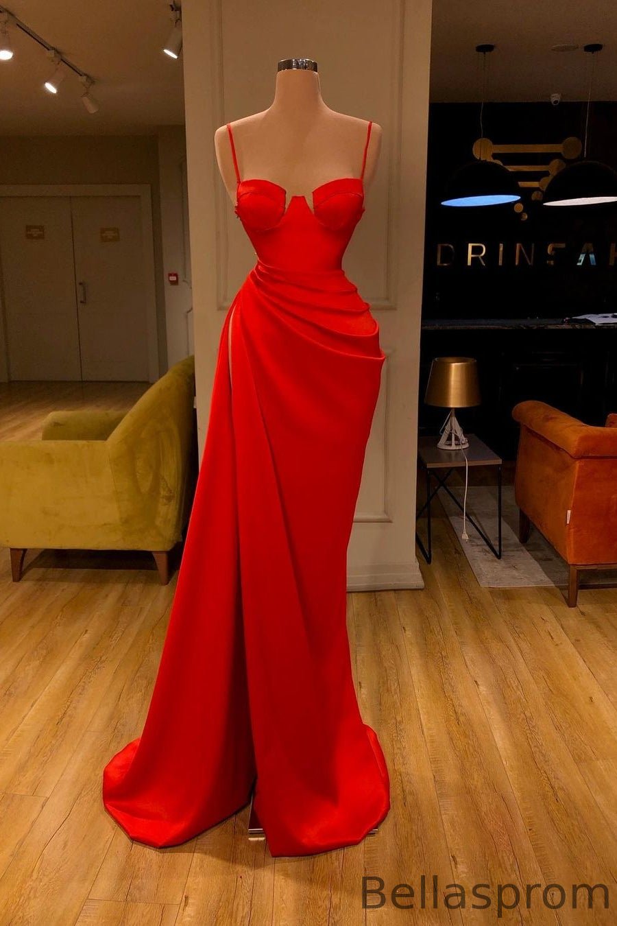 Bellasprom Red Mermaid Prom Dress With Split On Sale Spaghetti-Straps Bellasprom