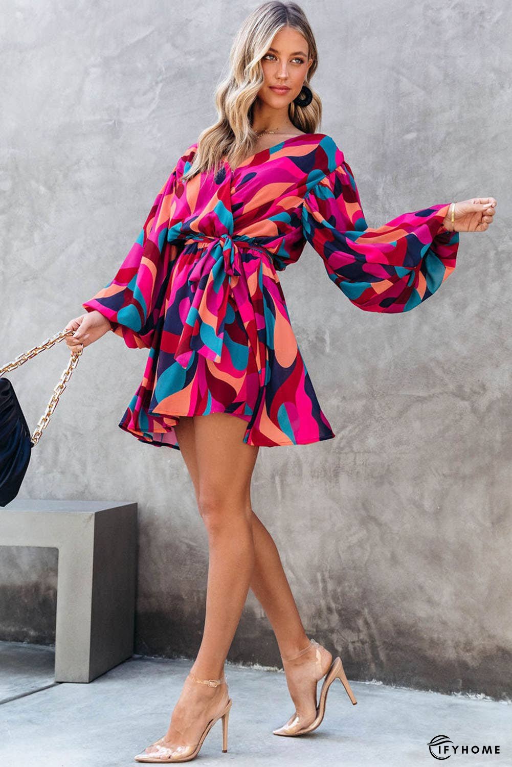 Abstract Printed Belted Puff Sleeve Mini Dress | IFYHOME