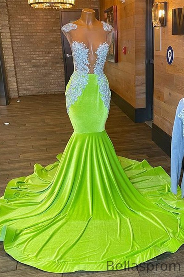 Bellasprom Green Cap Sleeves Mermaid Prom Dress Long With Lace Appliques Bellasprom