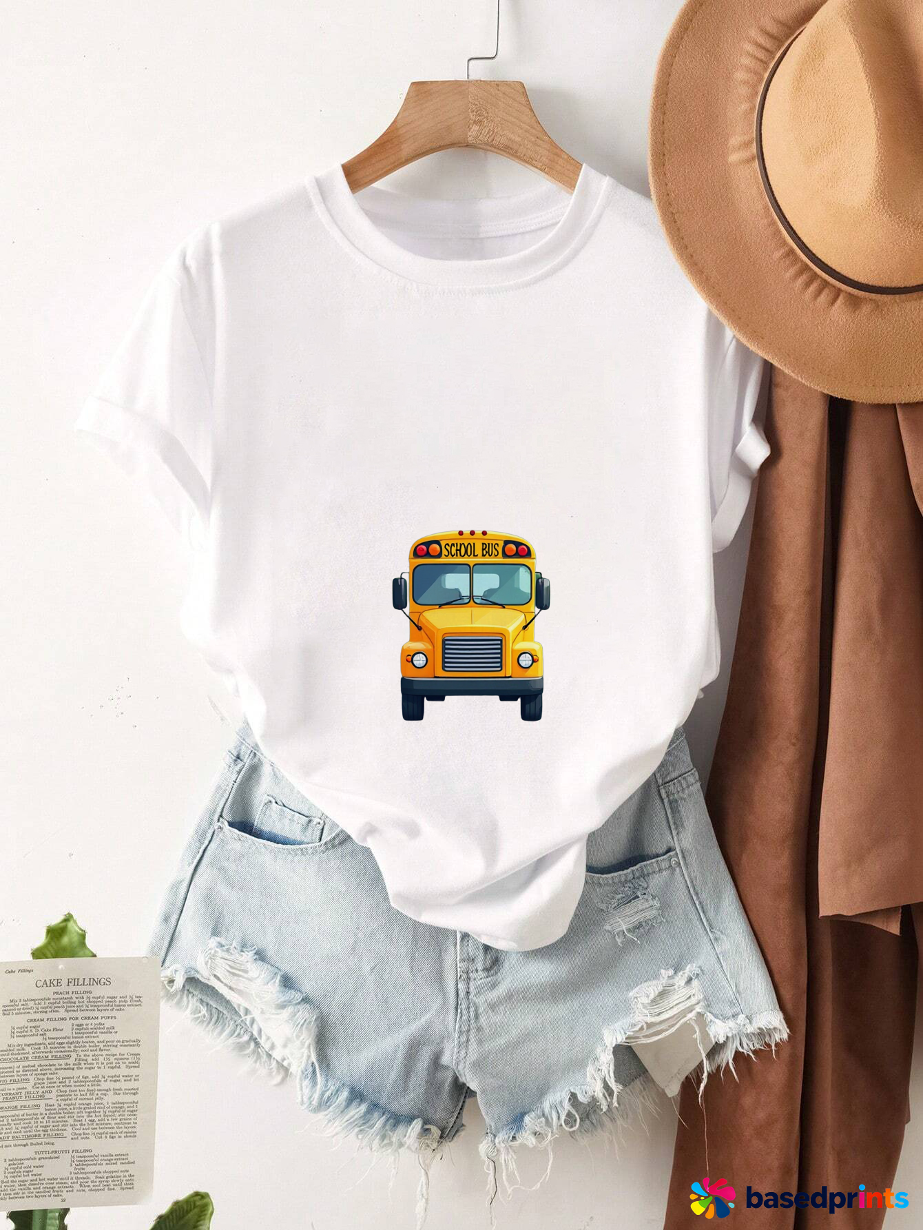Yellow School Bus Print White T-Shirt