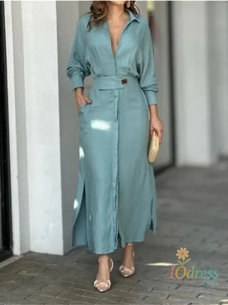 IO Dress Fashion Slit Solid Women's Shirt Dress Casual V Neck Lapel Full Sleeve With Pockets Long Skirt Spring Lady Streetwear Dresses
