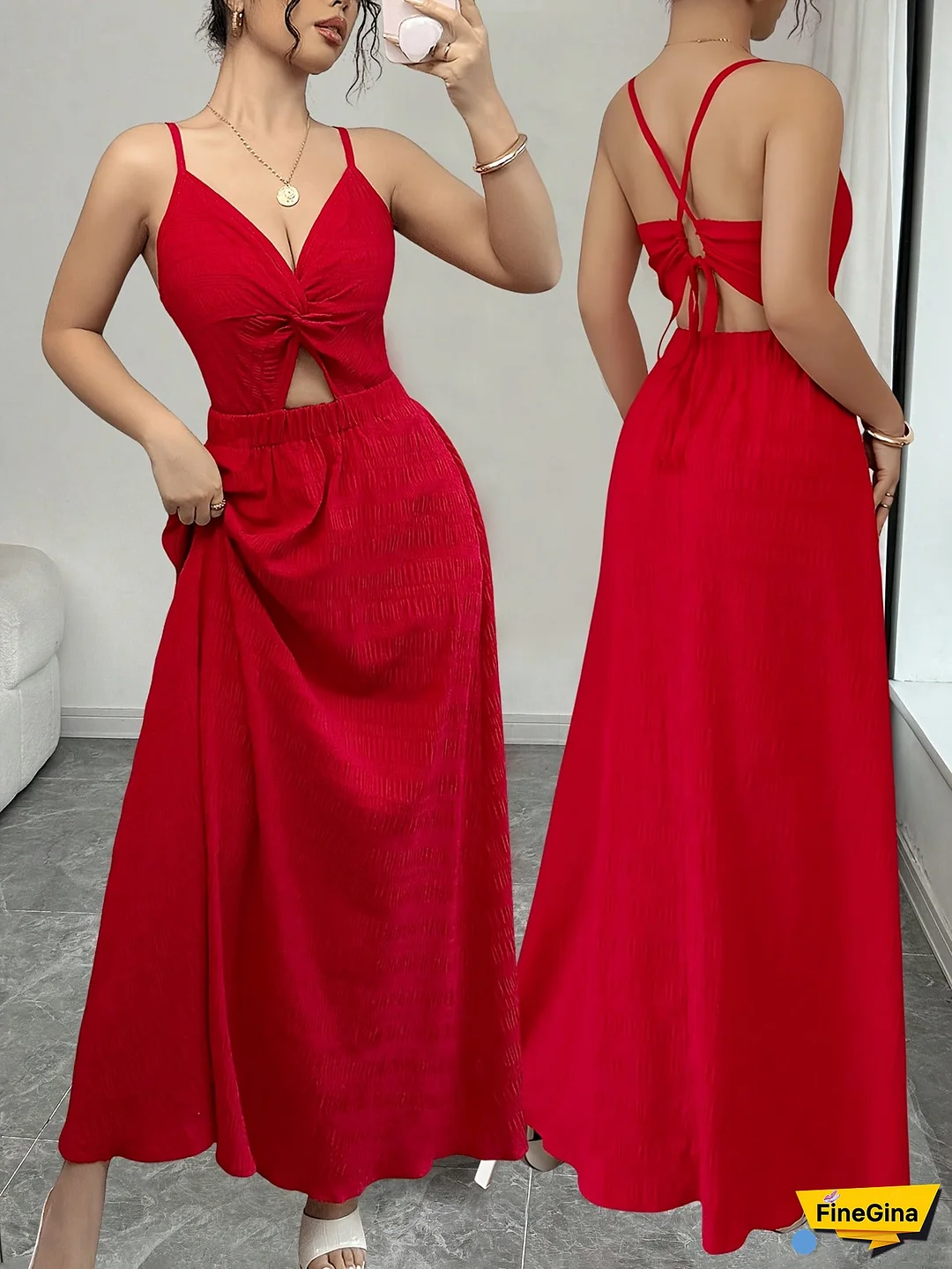 Elegant Red Halter Neck Maxi Dress with V-Neckline and Tie-Up Detail - Perfect for Spring/Summer, Adult, Elegant Attire|Vneckline Dress|Strapless Design