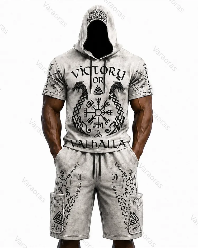 Men's Viking Color-Block Embroidered Hooded Short-Sleeved Top and Shorts Set 7981