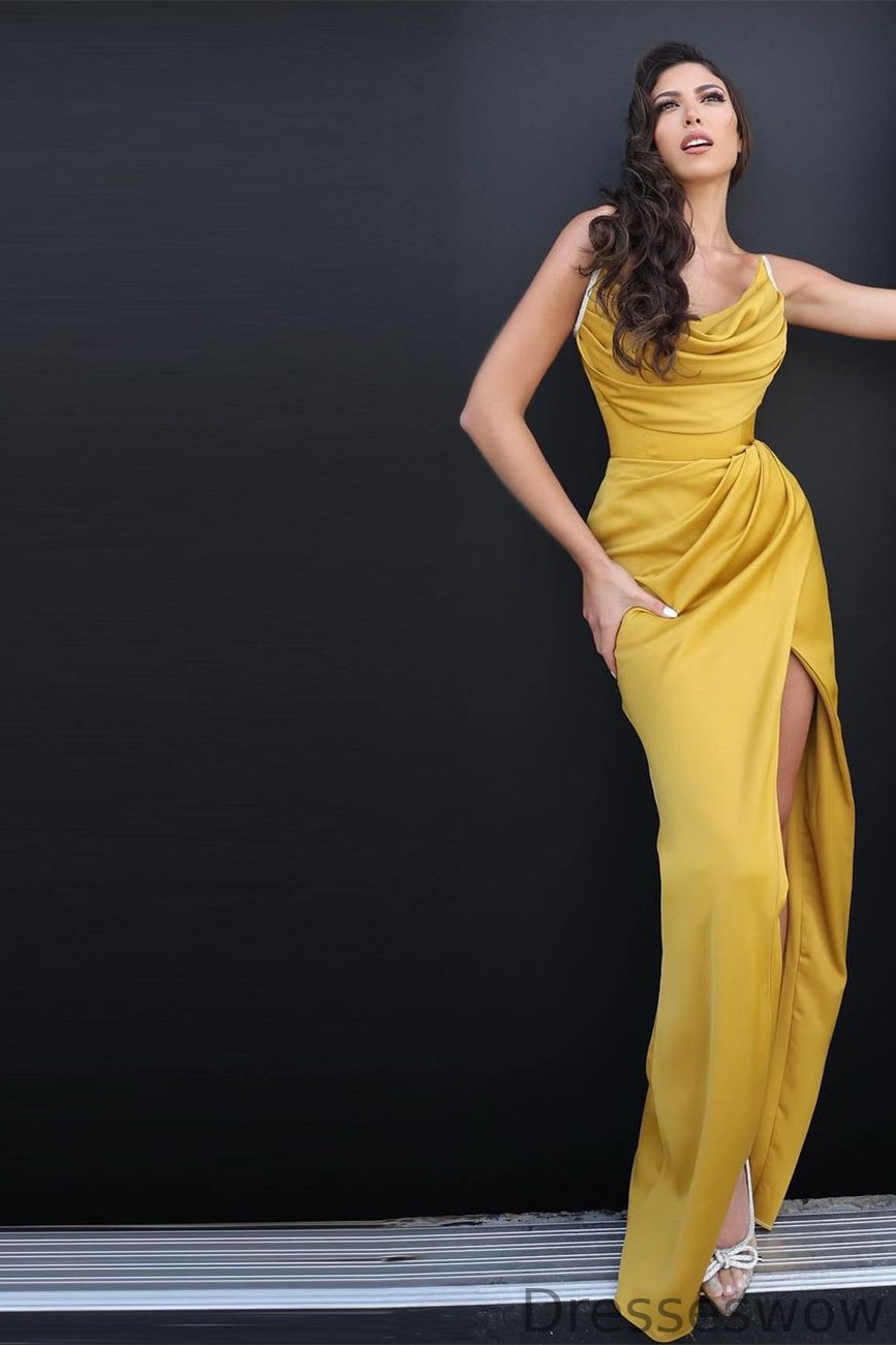 Dresseswow Yellow Strapless Sleeveless Mermaid Prom Gown With Split On Sale