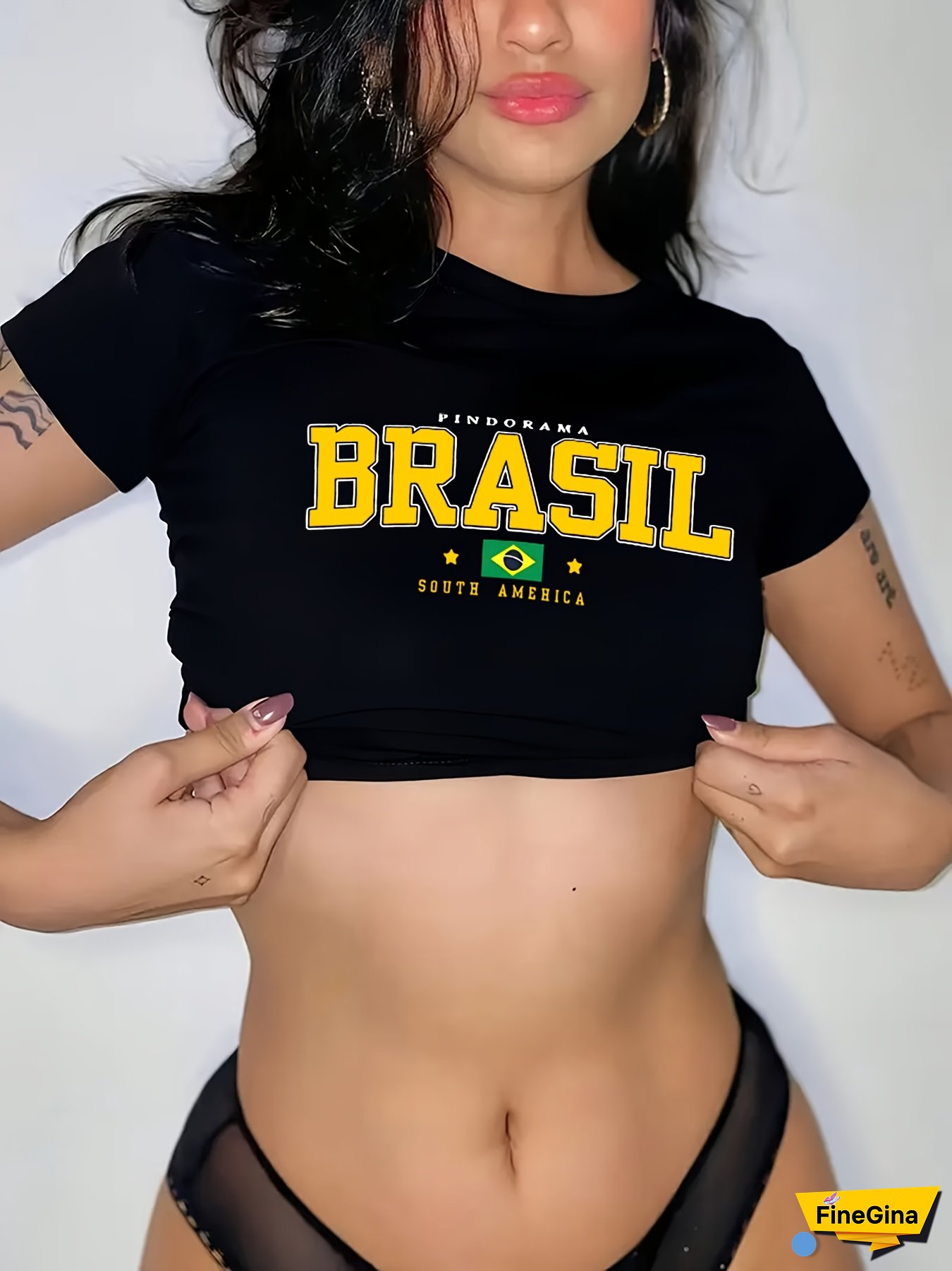 Women's Brazil Graphic Crop Top T-Shirt - Vibrant BRASIL Letter & Flag Print, 95% Polyester 5% Elastane Stretchy Fabric, Casual Short Sleeve Crew Neck Tee for All Seasons