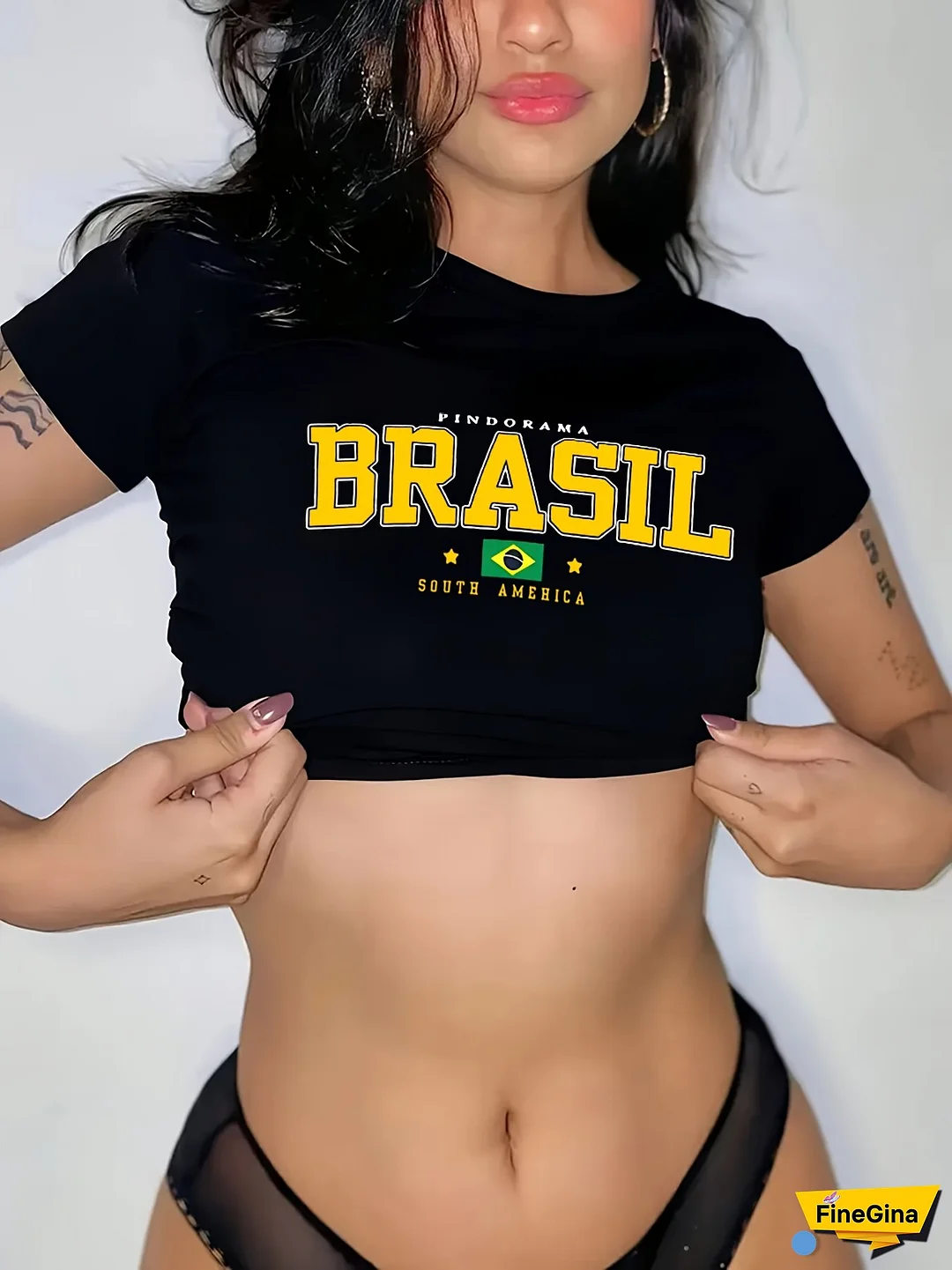 Women's Brazil Graphic Crop Top T-Shirt - Vibrant BRASIL Letter & Flag Print, 95% Polyester 5% Elastane Stretchy Fabric, Casual Short Sleeve Crew Neck Tee for All Seasons