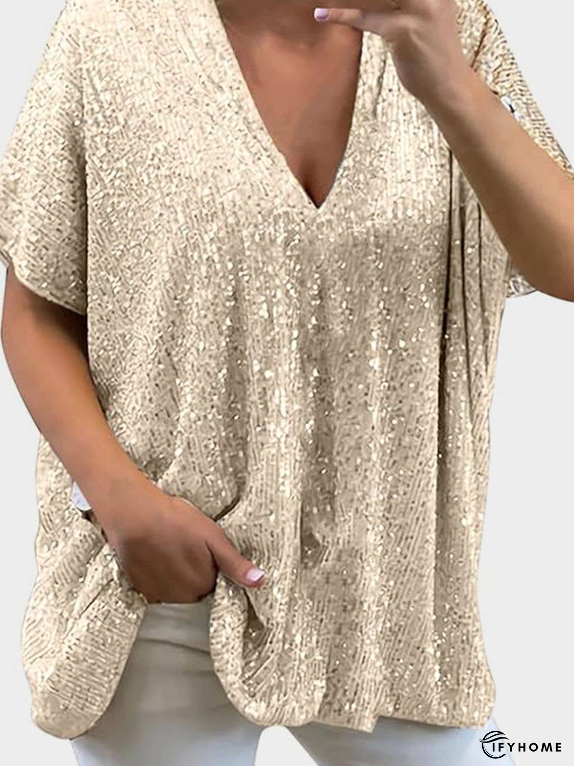 Full Size Sequin V-Neck Short Sleeve Top | IFYHOME
