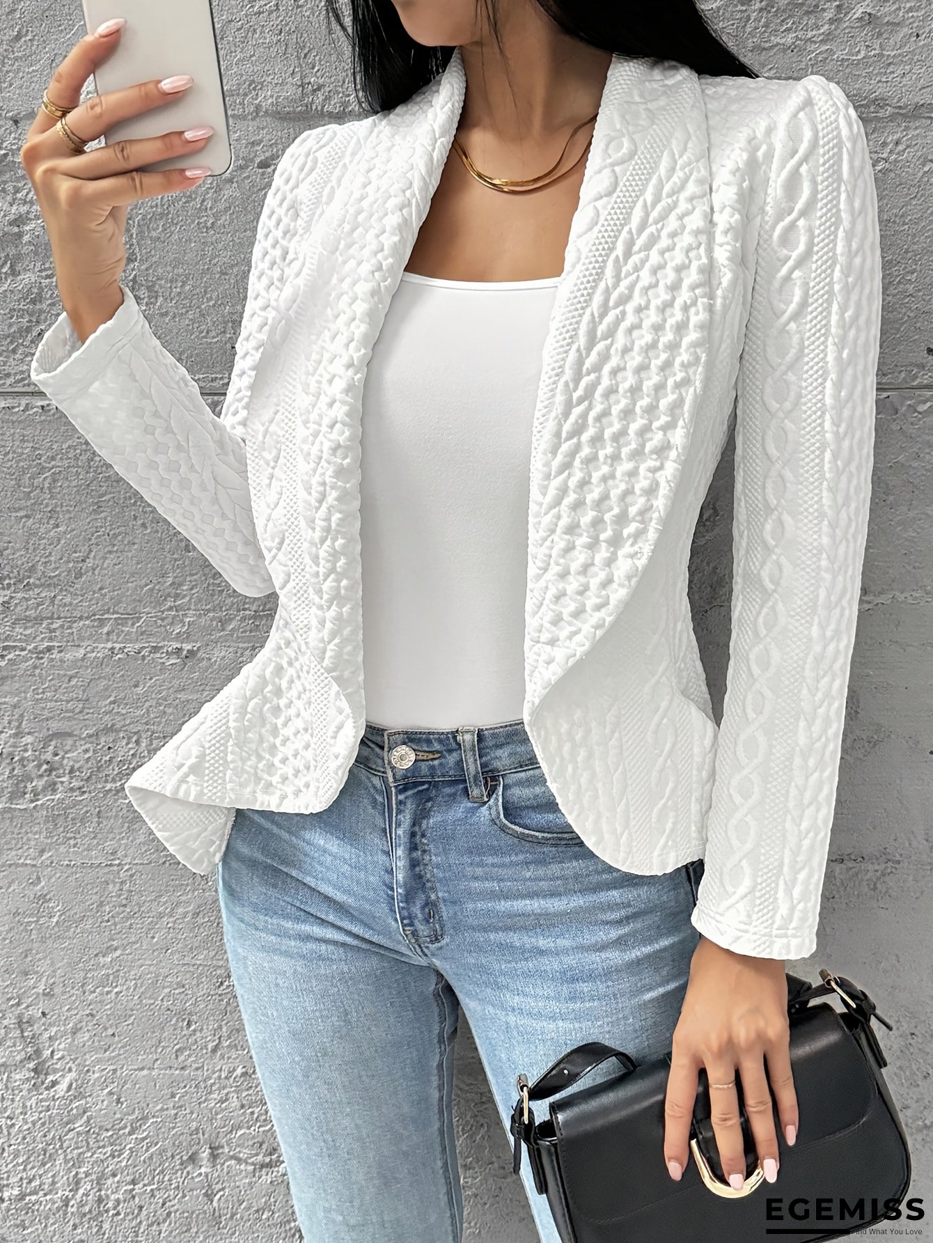 Women&lsquo;s Elegant Long Sleeve Cardigan - Chic Office to Party Jacket, Lightweight Sweater for Spring/Fall Transitional Weather, Women&lsquo;s Formal & Everyday Outerwear, Cardigan Sweater, Spring Fall Attire, Folded Collar Design, Textured Knitwear | EGEMISS