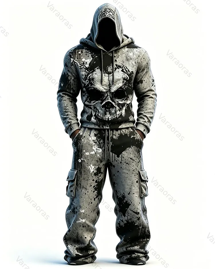 Men's Fashion Viking Contrast Color Skull Embroidered Hoodie & Pants Two-Piece Set 4330