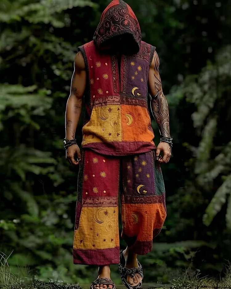 Men's Summer Fashion Color-Blocked Star and Moon Embroidered Top and Pants Set 9576