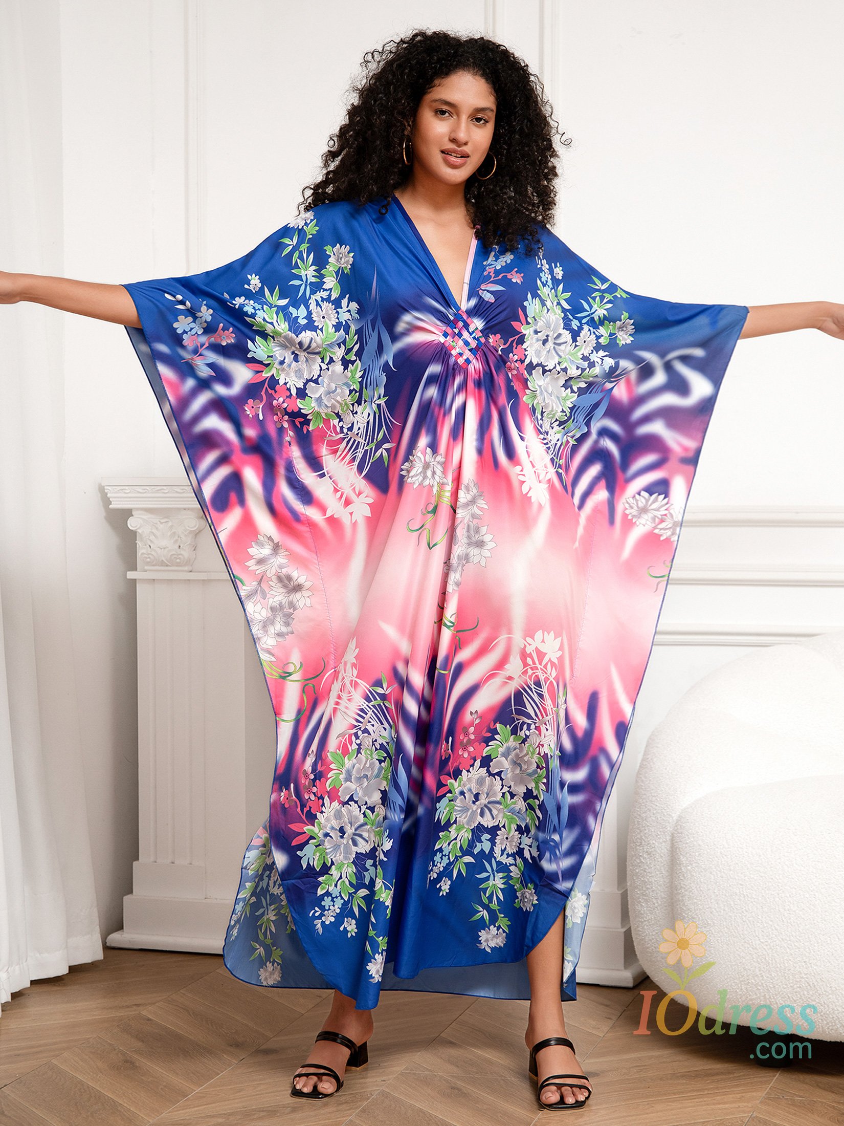 IO Dress Sexy Print Deep V-neck Dress Batwing Sleeve Long Dresses Women 2025 Summer Dress Beachwear Bohemian Women Kaftan Q1289