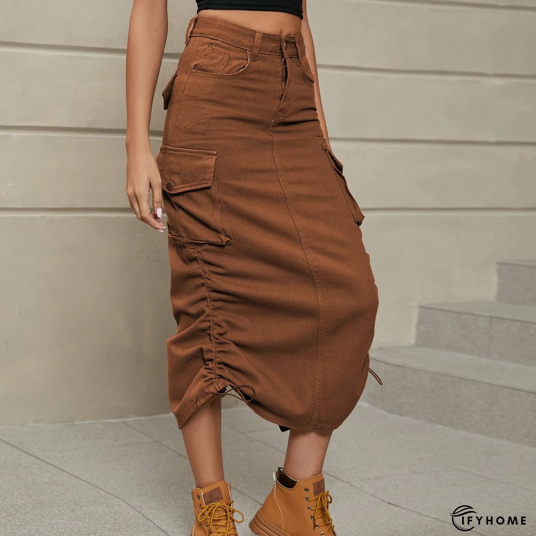 Drawstring Ruched Slit Denim Midi Skirt | IFYHOME
