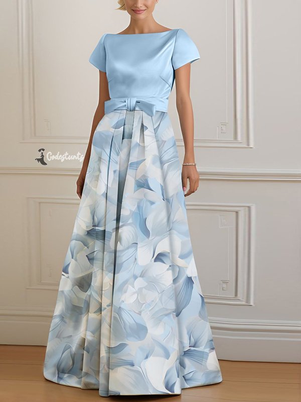 Light Blue Round Neck Short Sleeves With Print Maxi Dress
