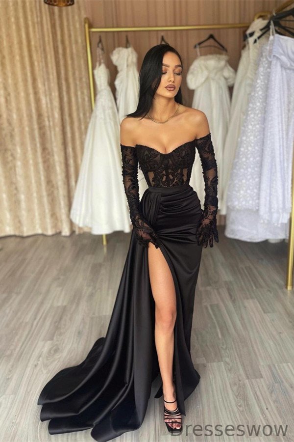 Dresseswow Black Sweetheart Mermaid Prom Dress Lace With Split