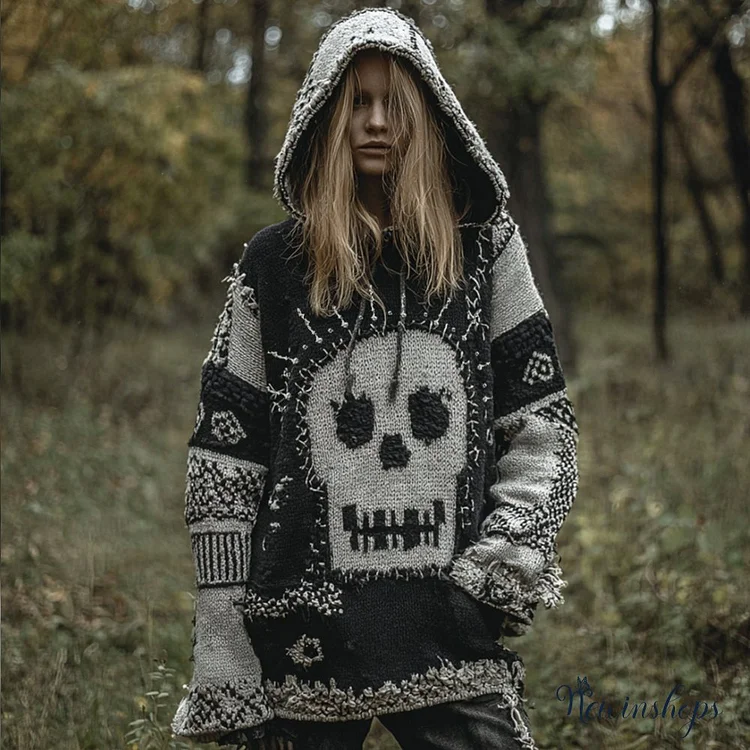 Women's Vintage And Quirky Skull Patchwork Pattern Vintage Hooded Sweater