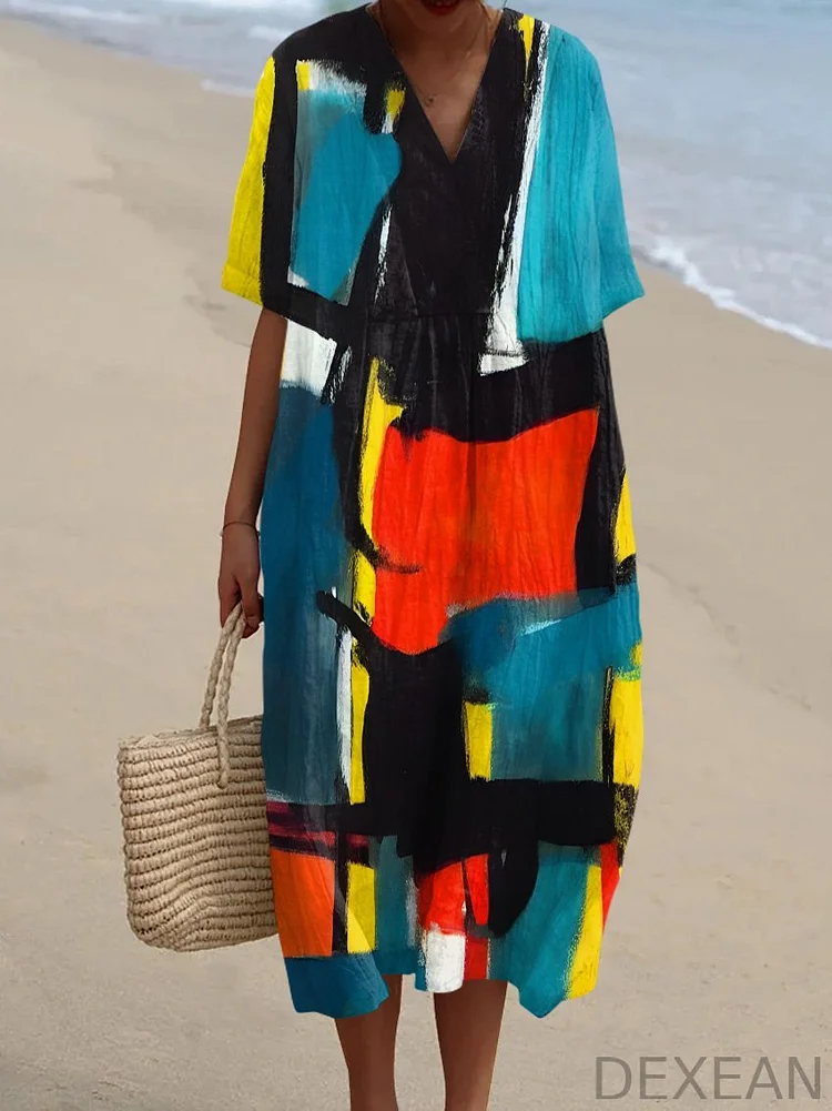 Retro Abstract Art V-Neck Short Sleeve Dress