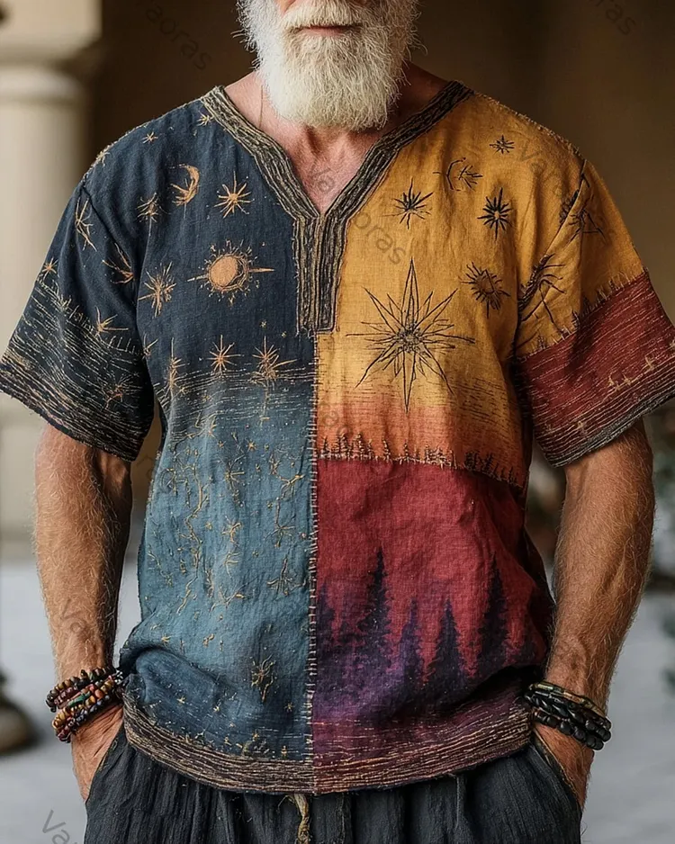 Men's Summer Fashion Linen Short-Sleeve Top with Star and Moon Embroidery 7248