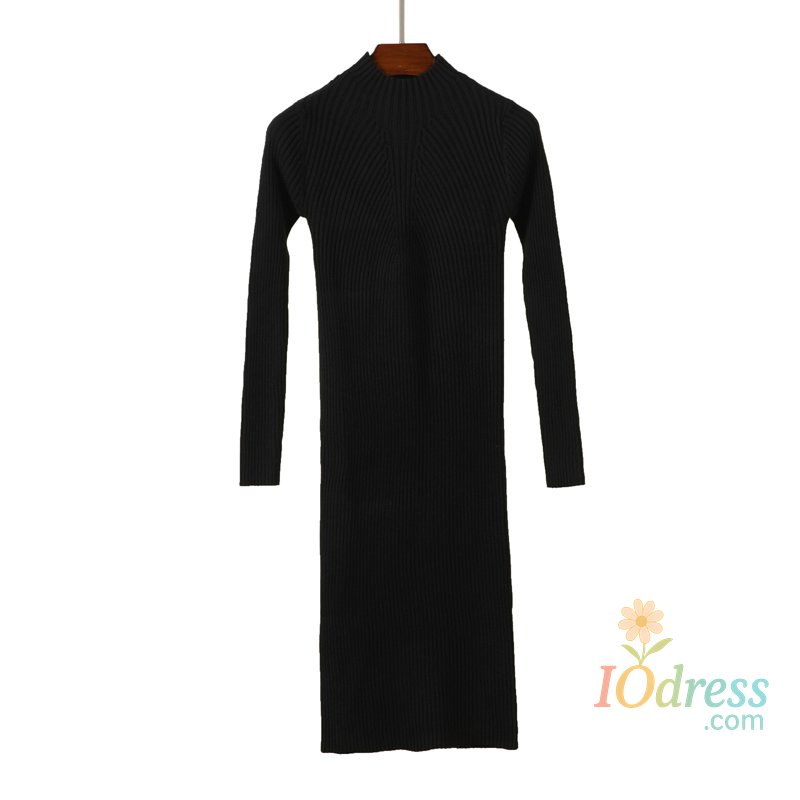 IO Dress Midi Dress 2025 Winter Knitted Sweater Casual Women's Dresses Ladies Clothing Clothes Korean Fashion Robe Elegant Black Tight