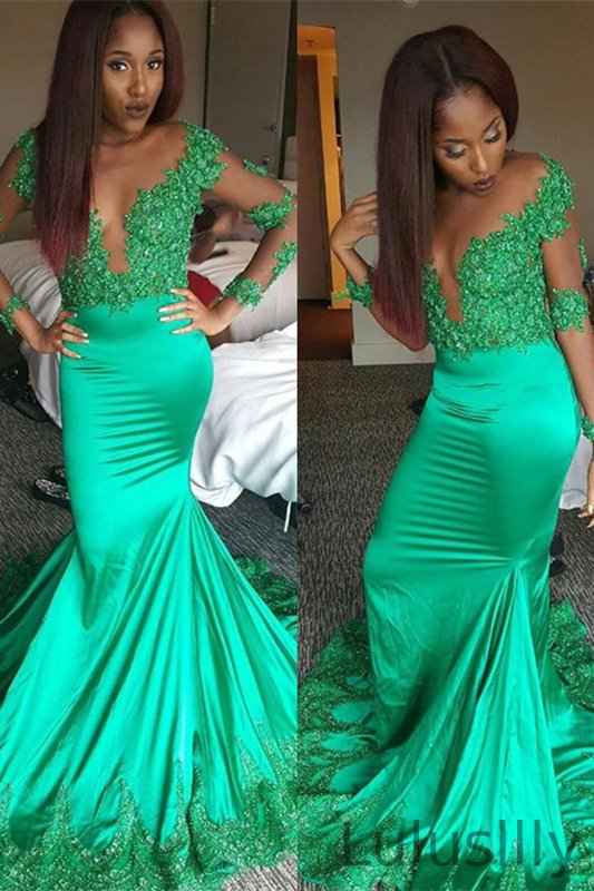 Modern Emerald Green Long Sleeves Mermaid Prom Dress With Lace Appliques - lulusllly