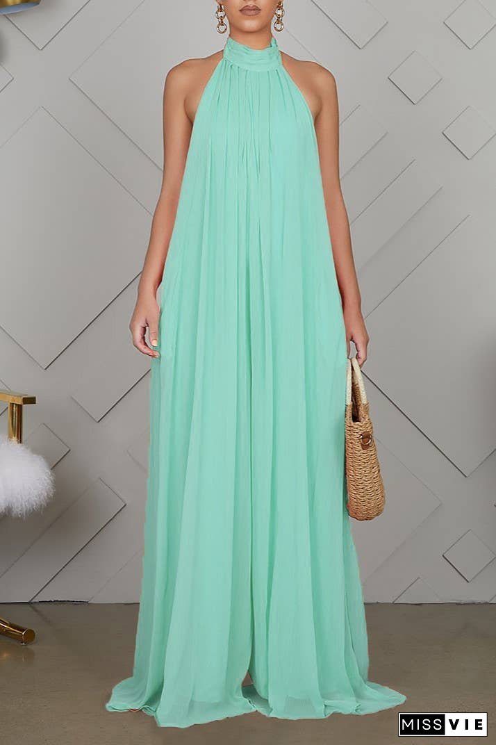 SS/24 chiffon halter backless pleated wide leg jumpsuit