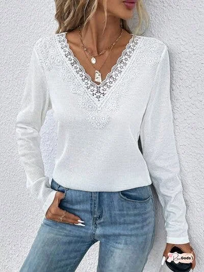 Waffle-Knit Lace Detail V-Neck Long Sleeve T-Shirt