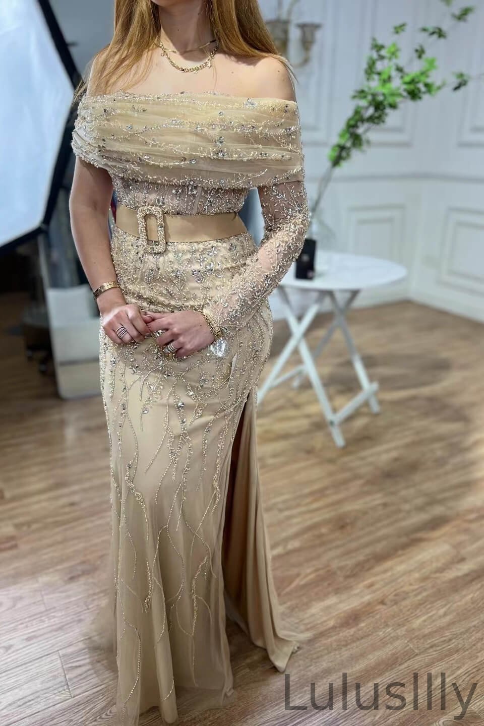 Chic Champagne Long Sleeve Mermaid Evening Gown With Split Beadings Off-The-Shoulder - lulusllly