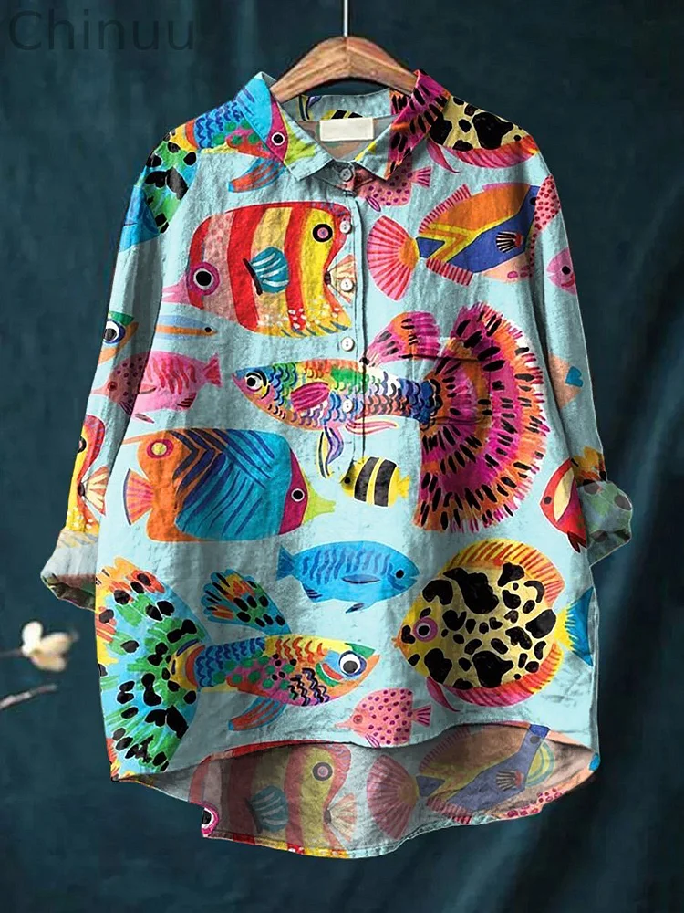 Cartoon Tropical Fish Pattern Printed Women's Casual Cotton And Linen Shirt