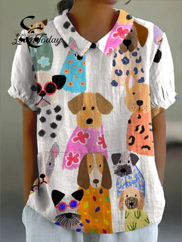 Women's Colorful Cartoon Puppy Print Casual Cotton And Linen Shirt