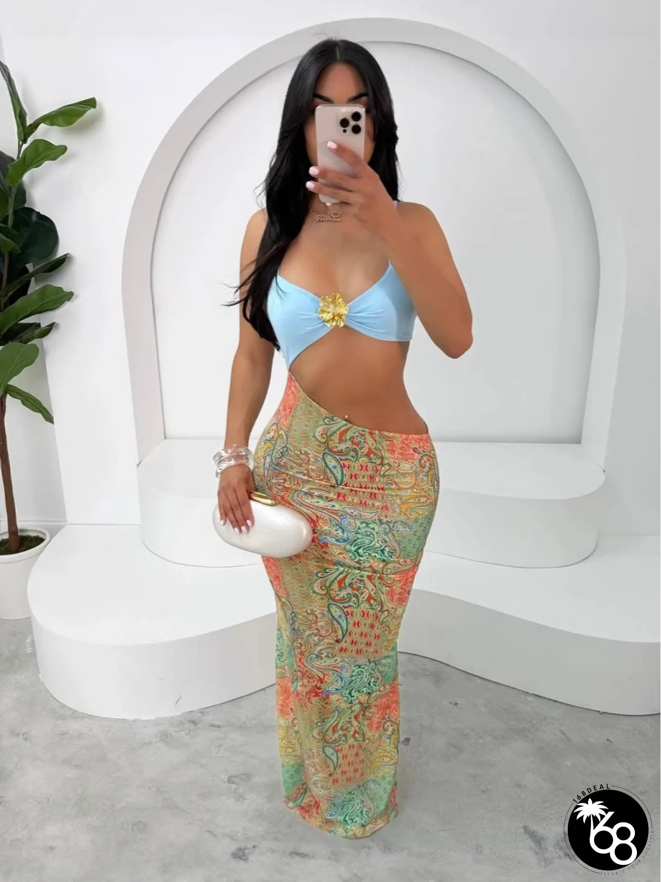 Womens Sexy Backless Halter Neck Maxi Dress With High Slit Slim-Fit Resort Beach Party | 168DEAL