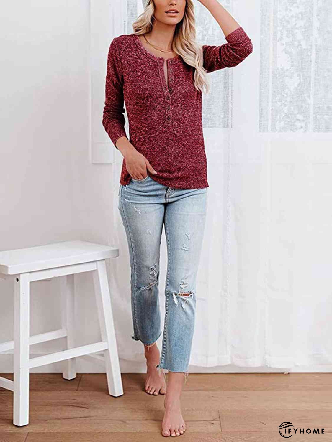 Round Neck Buttoned Long Sleeve T-Shirt | IFYHOME