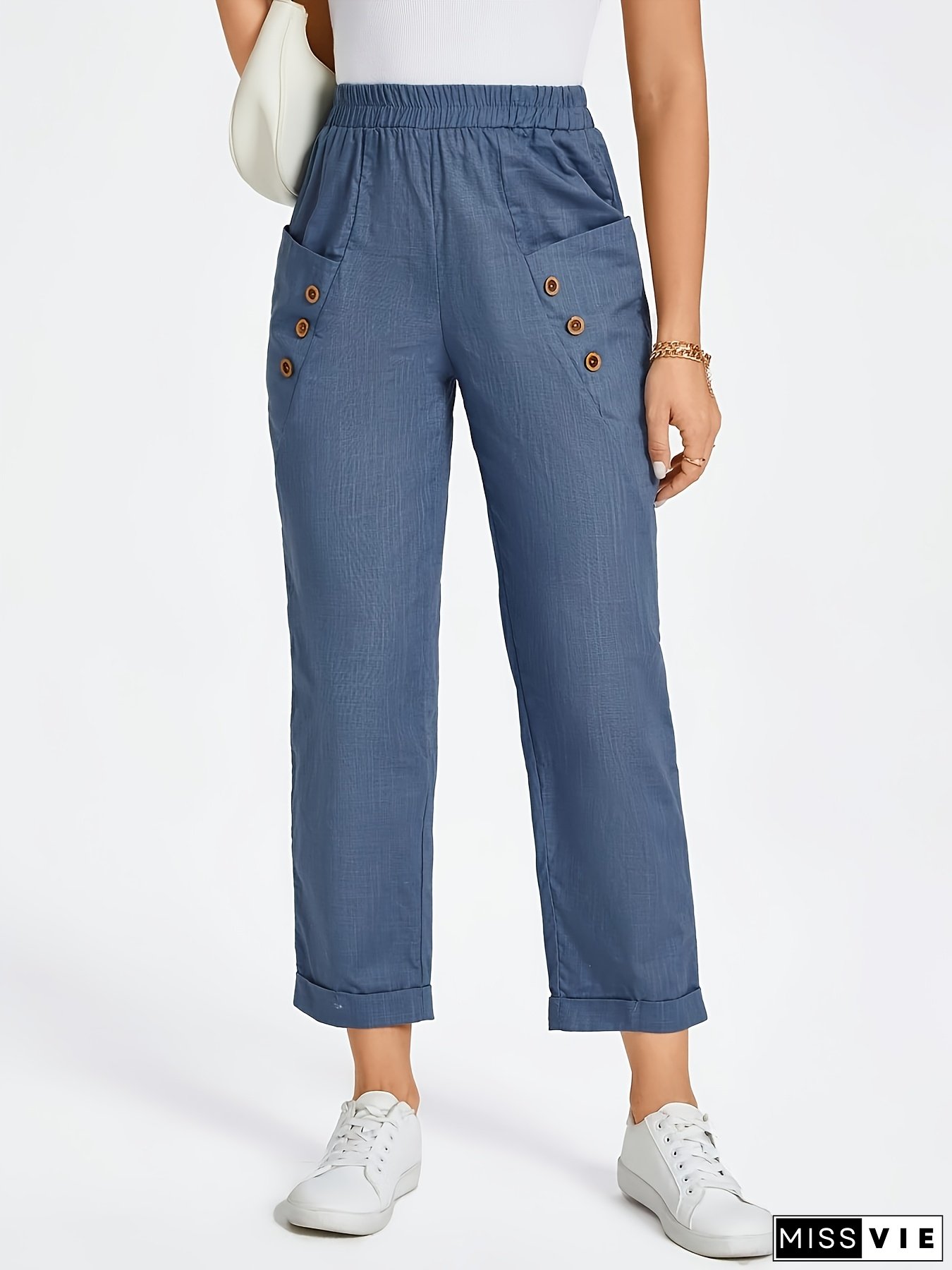 Women&lsquo;s Casual Wide Leg Pants with Button Pocket, Polyester 95% Spandex 5% Solid Color, Woven Fabric 120g/m&sup2;, Perfect for Spring/Summer/Fall - Adult Fashion