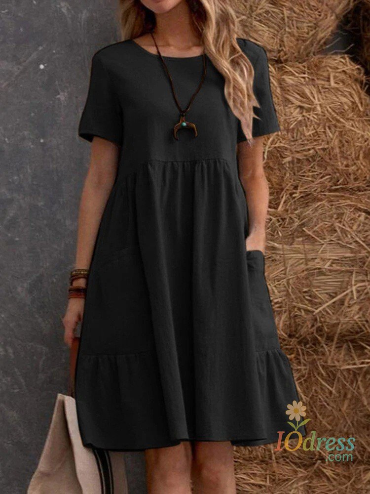 IO DressCasual Loose Solid Color Short Dresses For Women 2024 Summer Simple  A-Line Pocket Midi Dress Elegant Vintage Female Dresses IO Dress