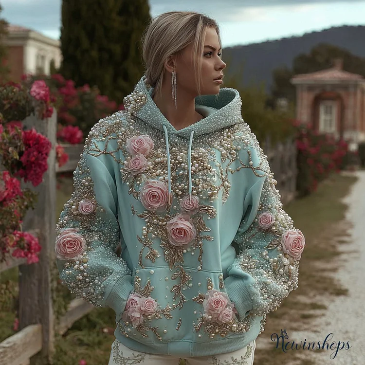 Bohemian Pink Pearl Embroidered Flower Light Blue Hoodie
