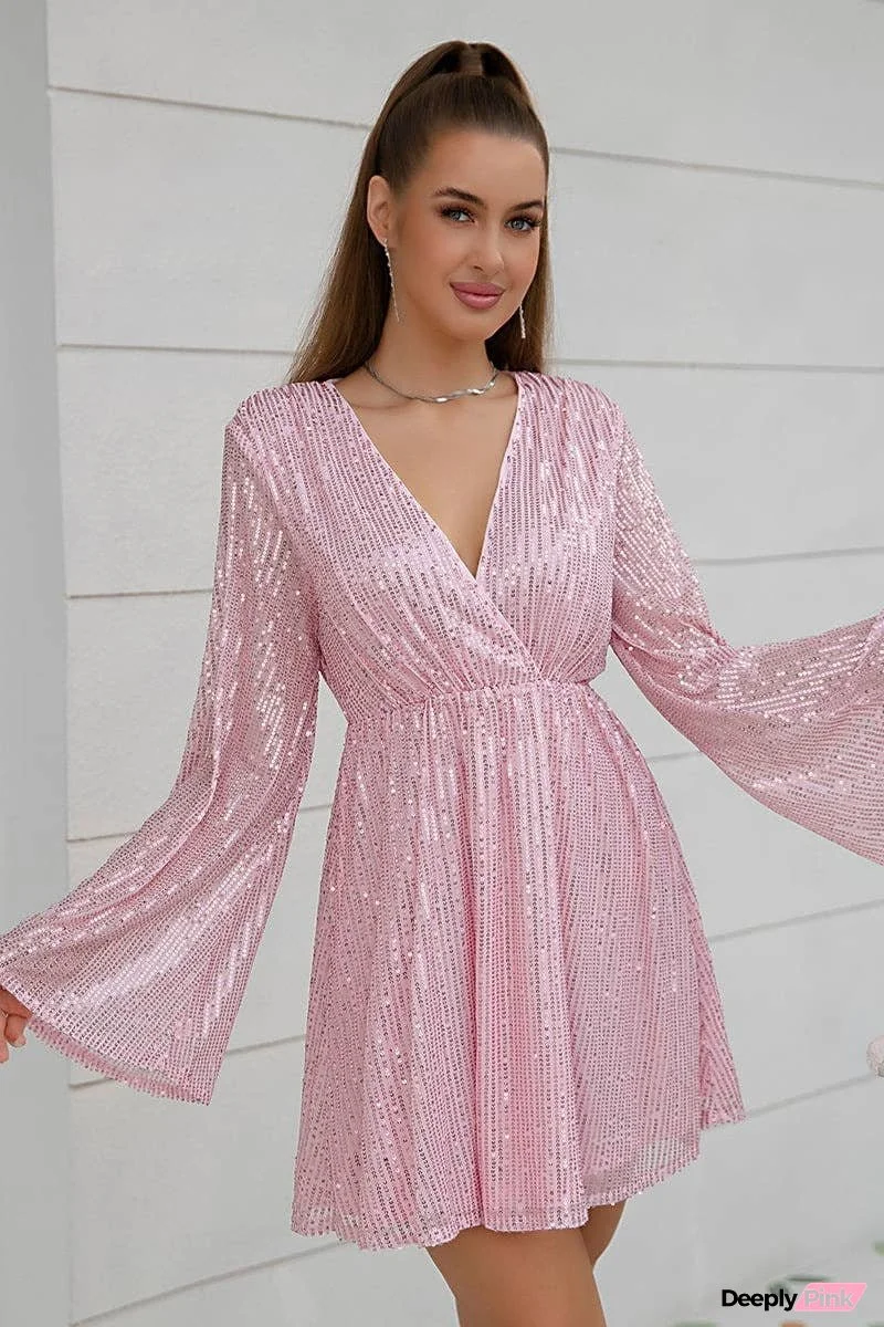 Sequin Long Sleeve Mesh Deep V Swing Dress