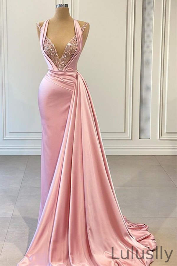 Luluslly Pink Halter Mermaid Prom Dress Sleeveless V-Neck Ruffles With Sequins