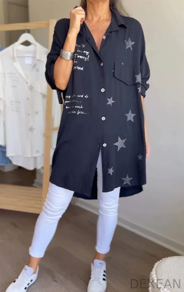 Lapel Single-breasted Star Letter Printed Shirt