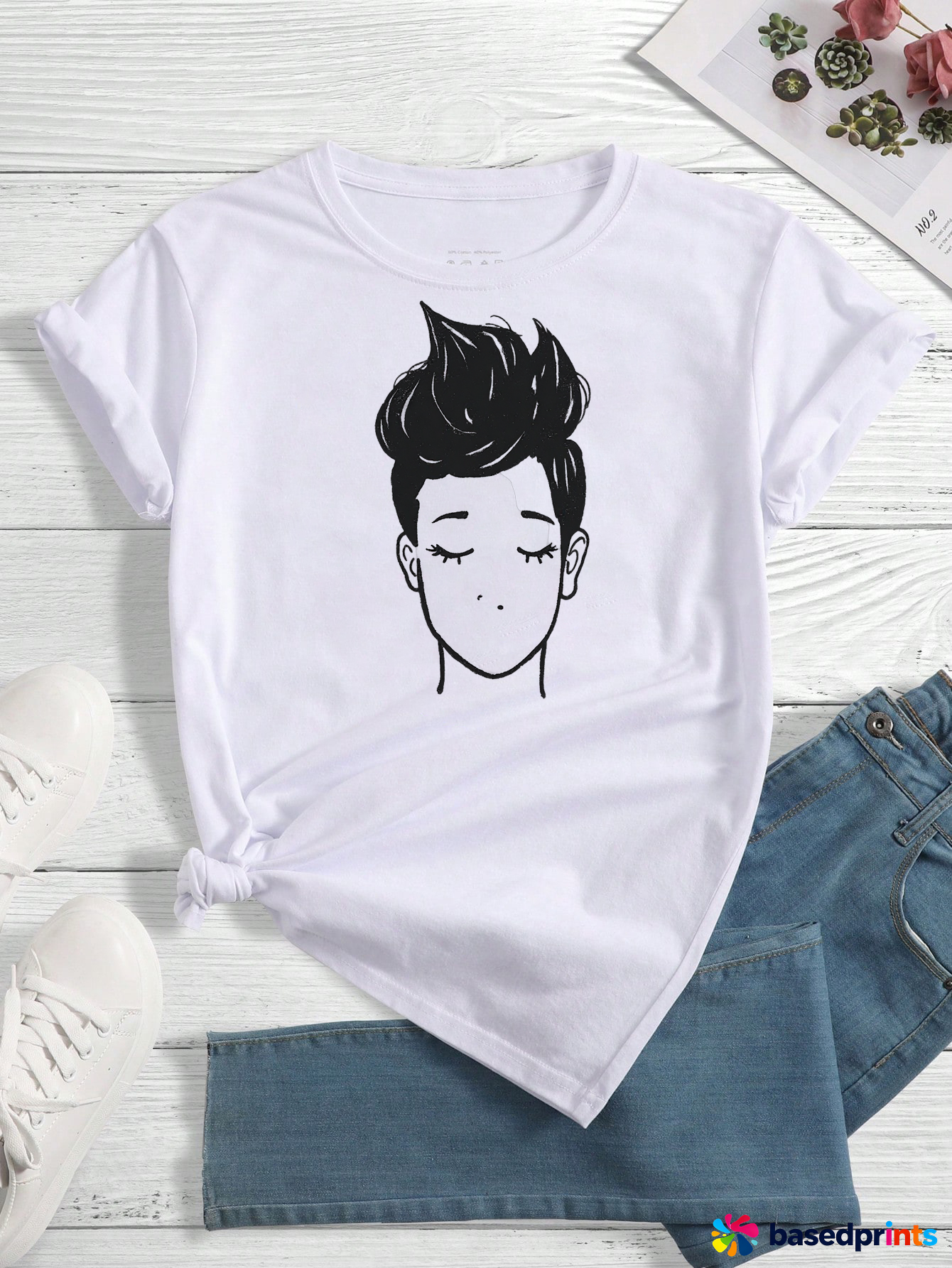 White Short Sleeve T-Shirt with Cartoon Print