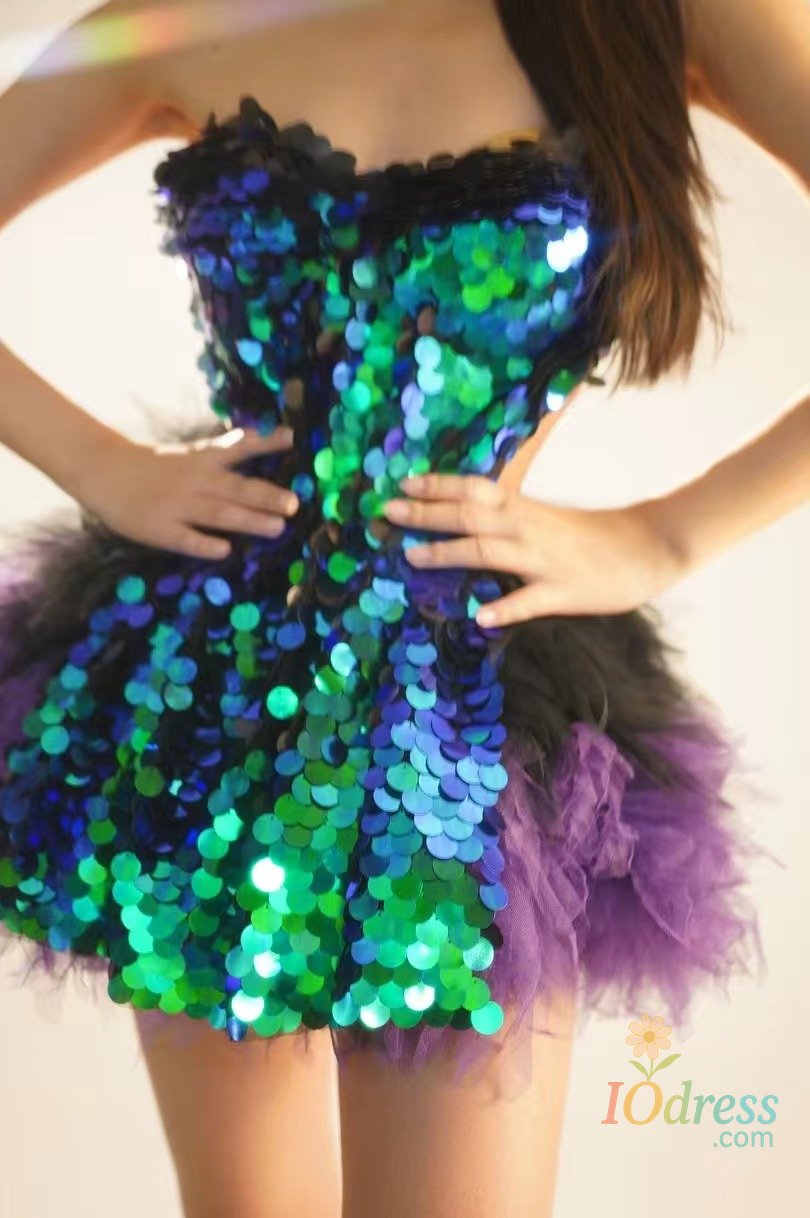 IO Dress Sparkly Black Sequins Two Pieces Set for Women Party Evening Prom Celebrate Birthday Photo Shoot Dress Nightclub Dance Costume