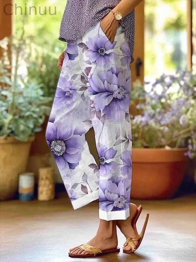 Women's Purple Floral Print Casual Pants