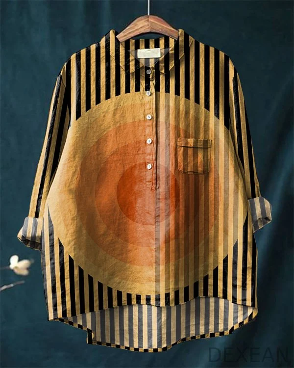 Striped Sun Abstract Art Bohemian Cotton and Linen Shirt