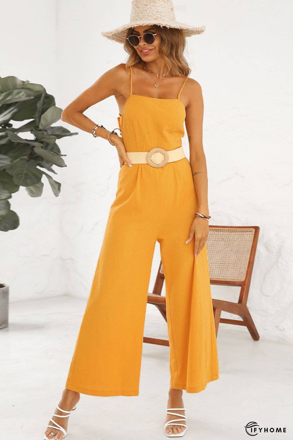 Cutout Spaghetti Strap Tie Back Wide Leg Jumpsuit | IFYHOME