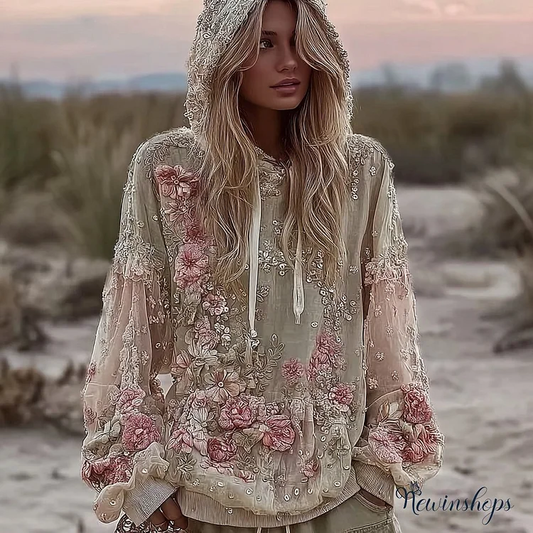 Women's Vintage Pink Floral Embroidery Art Casual Hoodie