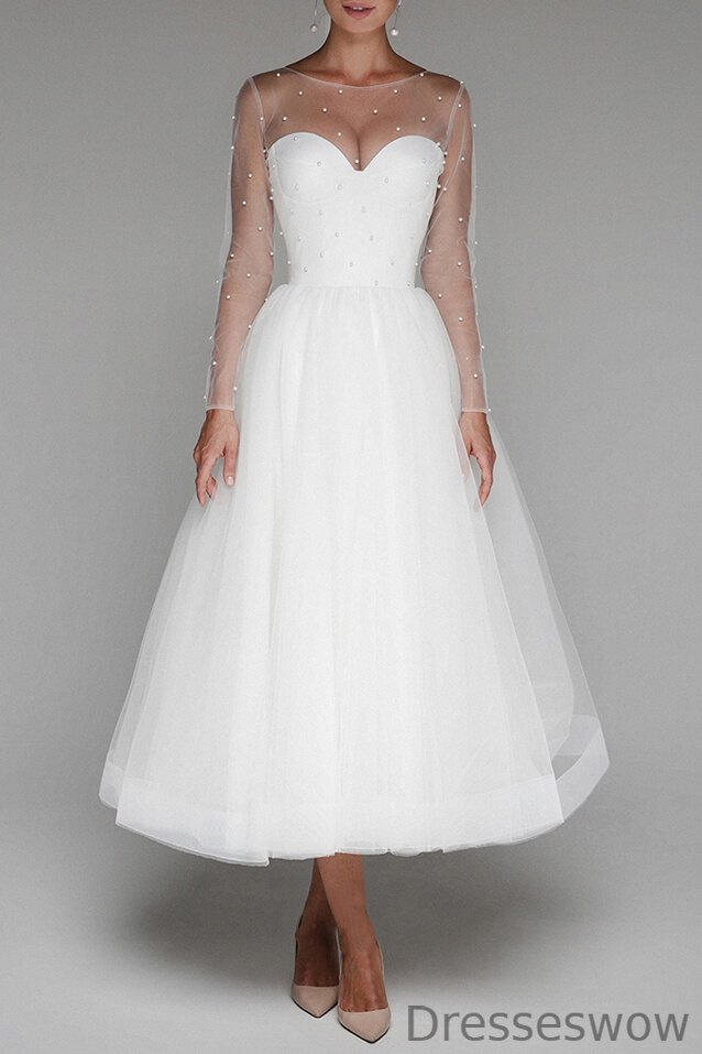 Dresseswow Scoop Illusion Long Sleeves A-Line Wedding Dress Tulle With Pearls